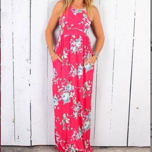 Pink Blush Maternity racer back pink and blue maxi dress with pockets size MED